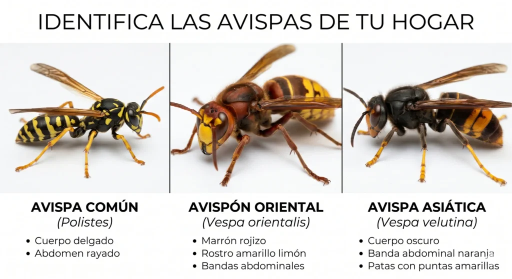 Representación de los 3 tipos de avispas más comunes: avispa común, avispón oriental y avispa asiática